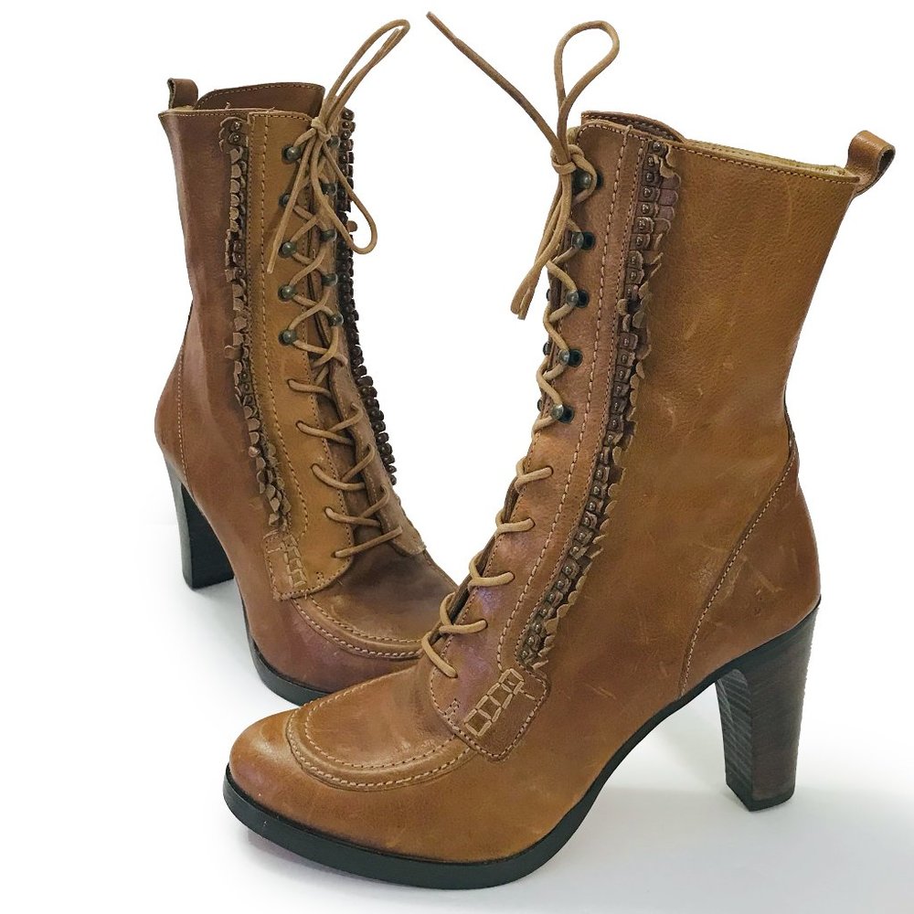 Frye Bella Hi Flower Fringe Lace Up Leather Womens Boots Distressed Sz 8M